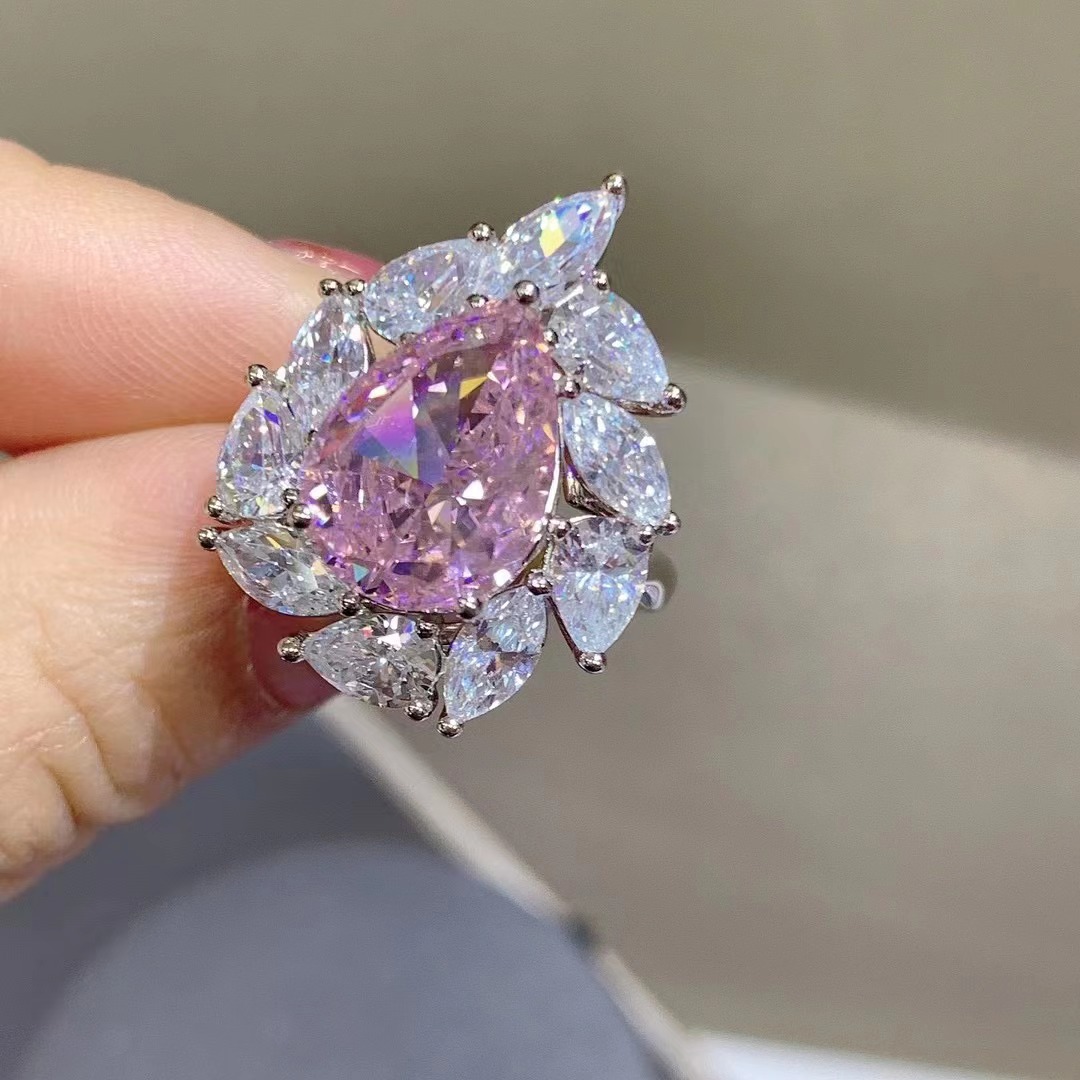 Anillo de diamante de alto carbono importado de plata esterlina con incrustaciones de 6 quilates VVS nivel en forma de gota corte Rosa anillo de diamante de alto carbono