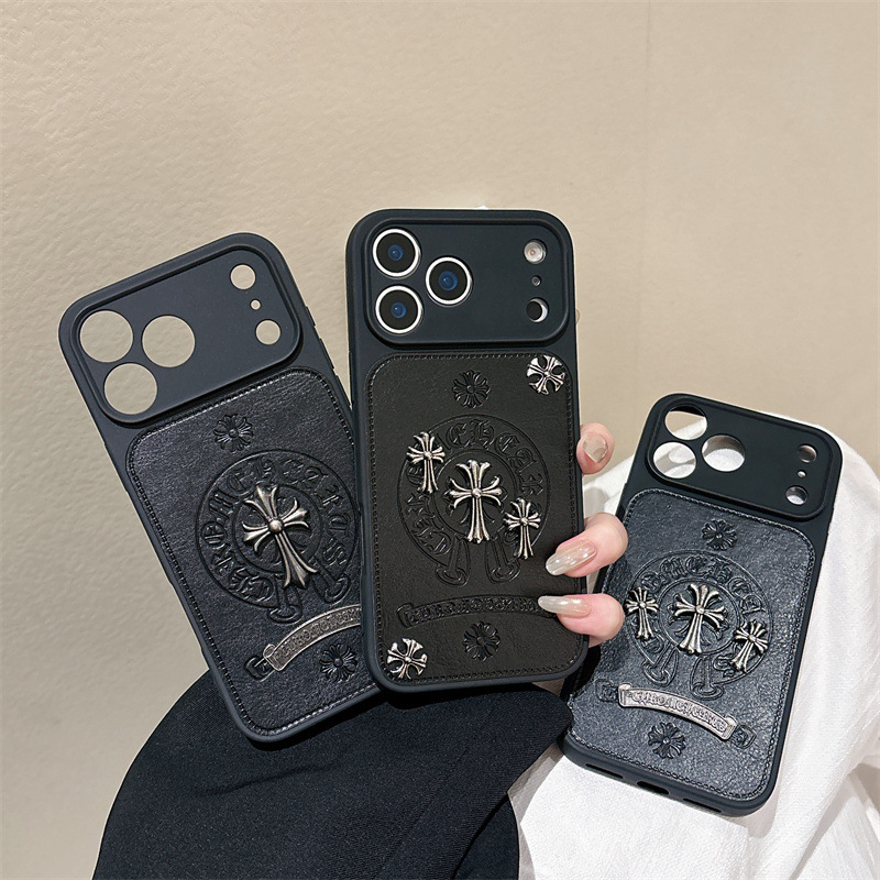Trendy Brand Crow Heart Leather 17Promax Phone Case 11 Suitable for Apple Iphone16 Three-Dimensional Cross Soft Case