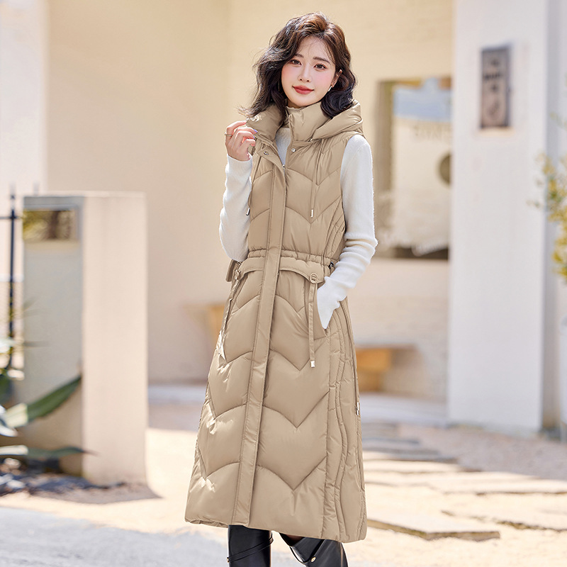 Otoño y invierno 2025 nuevo chaleco de algodón de pluma para mujeres medianas y largas delgadas cintura delgada de moda de algodón abrazadera de hombro chaqueta