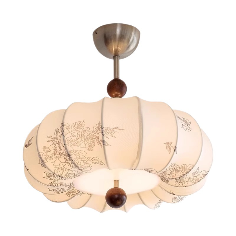 Araña de dormitorio de estilo francés, patrón, lámpara de dormitorio medieval, araña de calabaza de madera maciza, tela, lámpara cálida y romántica de estilo Nanyang