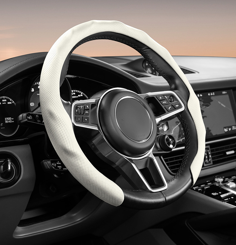 5D Nappa Leather Perforated Steering Wheel Cover, Suitable for All Seasons, Non-Slip, Breathable and Wear-Resistant Car Handle Cover