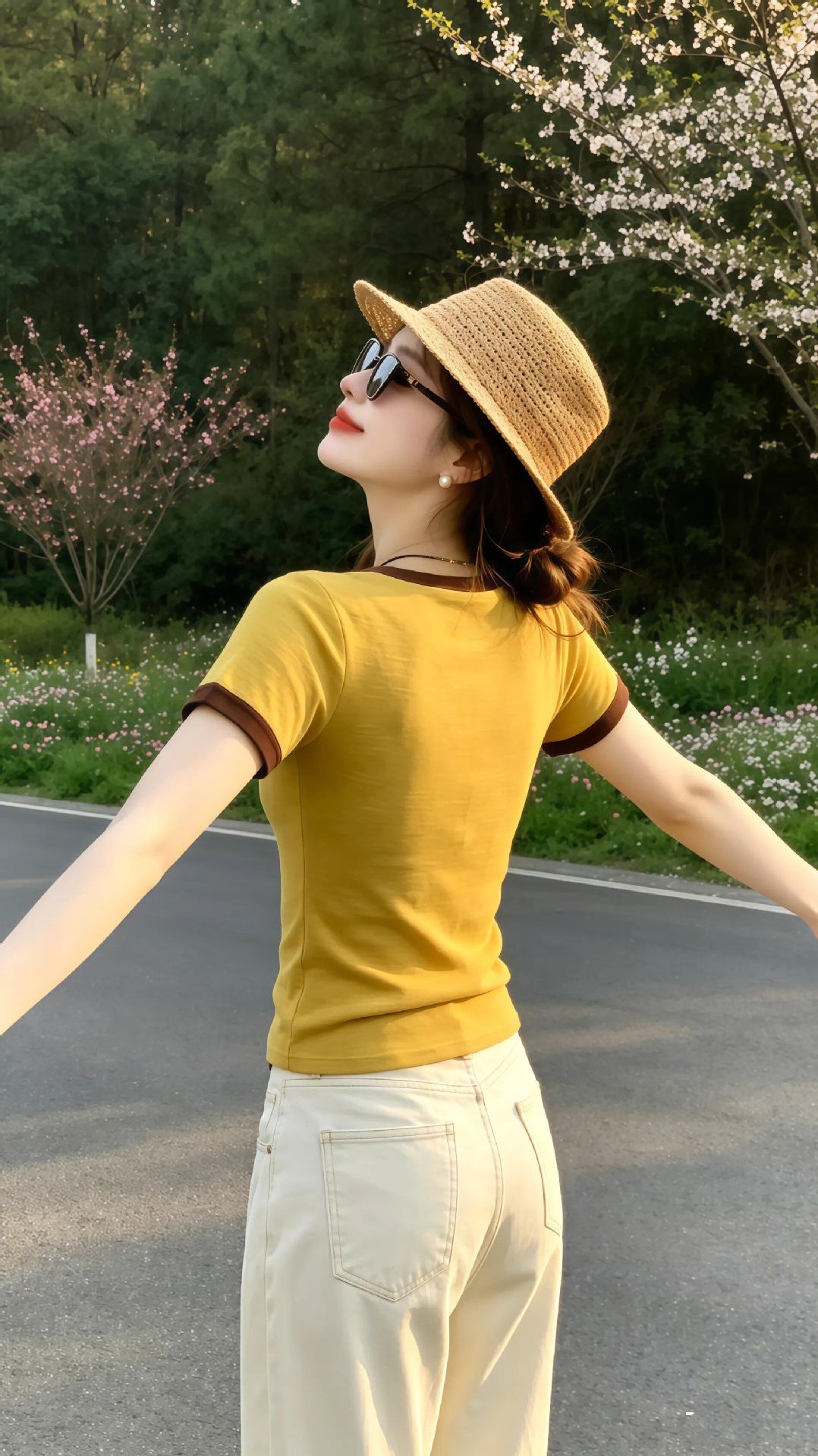 Áo thun nữ cổ tròn tay ngắn phối màu cổ bẻ, dáng ôm nhẹ, size lớn — Màu ảnh chi tiết 4