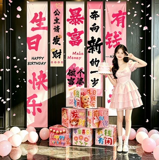 生日爱心气球套装公主成人礼氛围感派对场景布置拍照道具条幅挂布