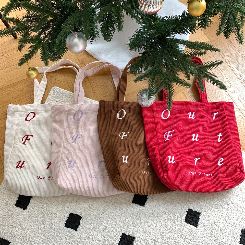 310262 embroidered letter future corduroy single-shoulder Maillard color hand-held canvas bag Women's tote bag undefined