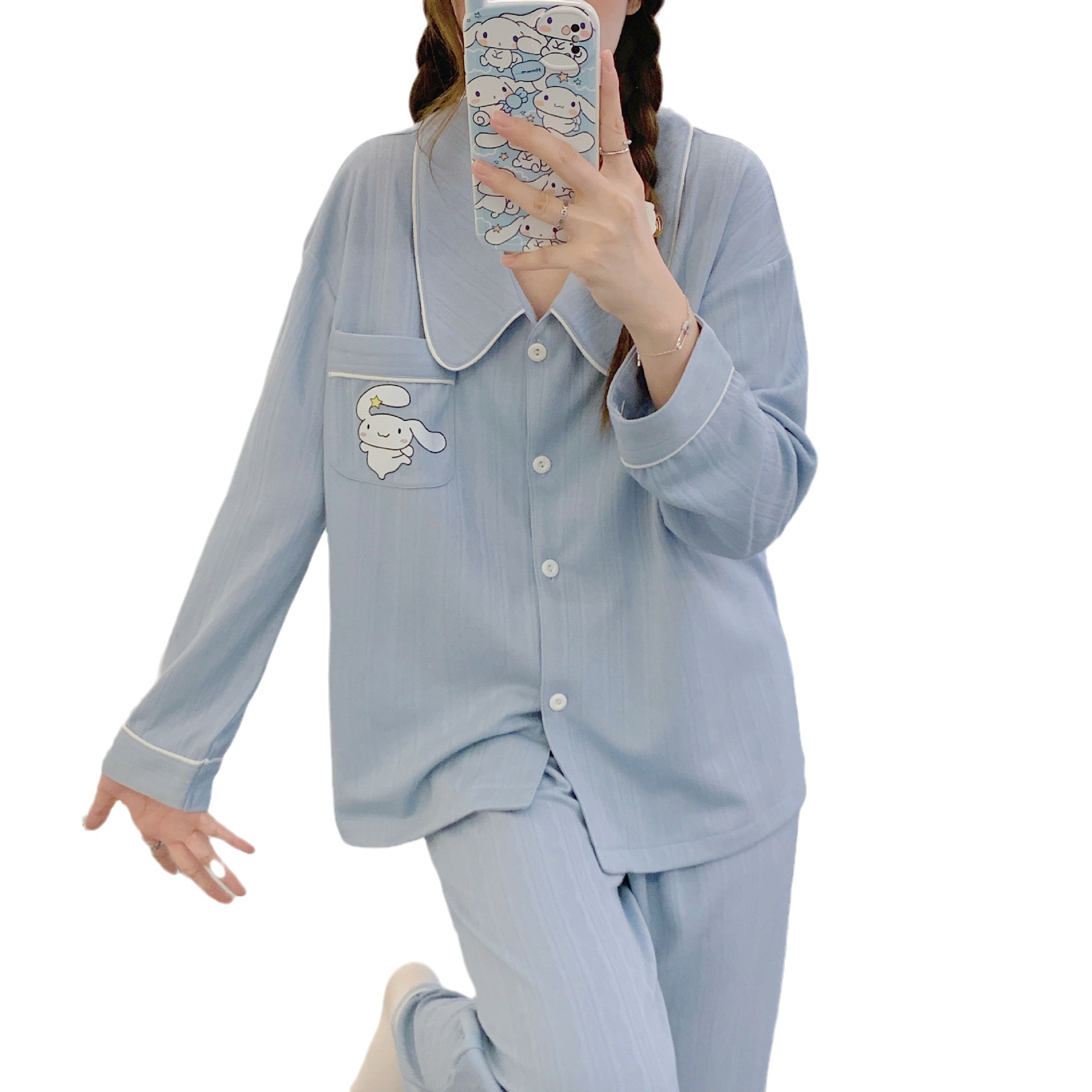 Internet Celebrity pijamas azules de alto grado algodón jacquard peinado de las mujeres Otoño e Invierno de manga larga cardigan linda chica dulce traje de desgaste para el hogar