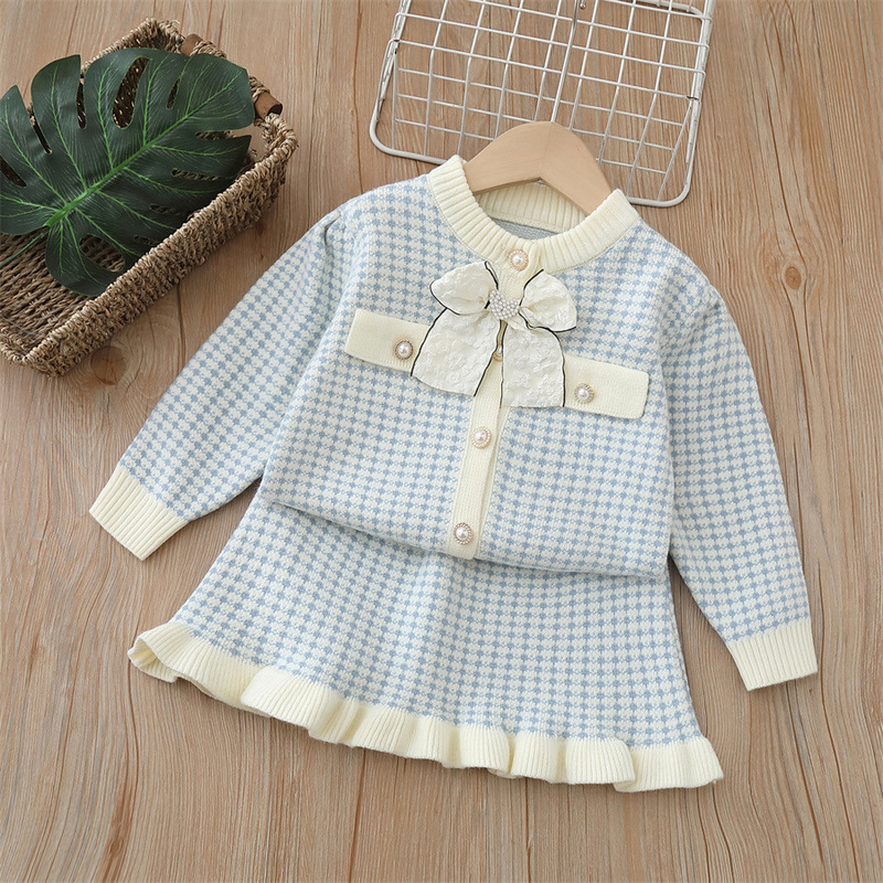 2024 Autumn New Girls' Sweater Cardigan Two-Piece Set Sweet Little Chanel Style Outfit