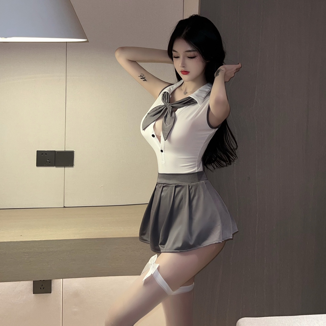 Maid Student Uniform Costume Set with Bow Tie, Bodysuit, Mini Skirt and White Butterfly Stockings — detail image 5