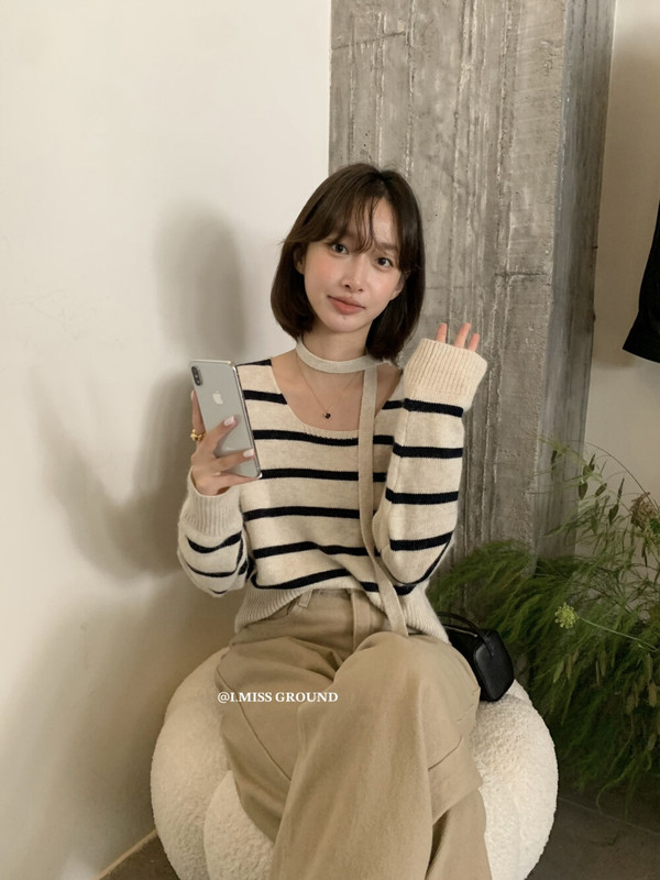 i miss2025秋季新款韩版宽松显瘦飘带设计感条纹针织衫女毛衣上衣|undefined
