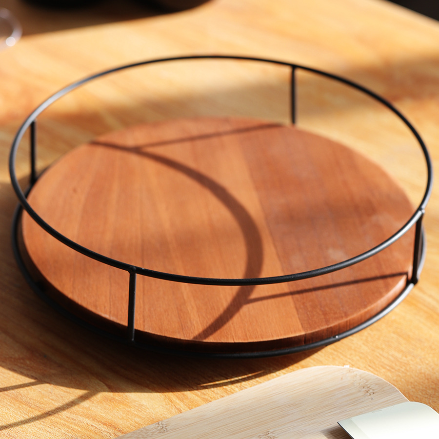 Soporte de almacenamiento de madera maciza de suministro directo de fábrica, estante de acabado de hierro, tanque de botella de condimento de escritorio, bandeja giratoria para cosméticos