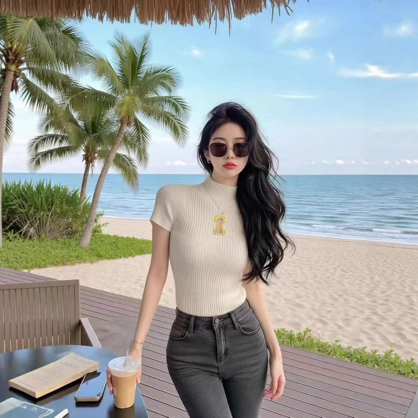 Right Shoulder Slim Fit Andy Velvet Short-Sleeved T-Shirt for Women Summer 2025 Half Turtleneck New Cut Out White Sexy Knitwear