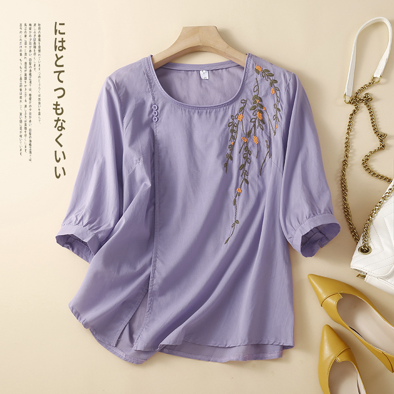 Three-quarter sleeve literary retro cotton and linen top for women…