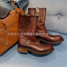 莞产高定2026新款粗跟西部靴M*家骑士短靴法式大黄靴工装马丁靴女