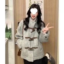 灰色立领牛角扣呢子大衣女2025新款毛呢外套小个子赫本风气质韩系