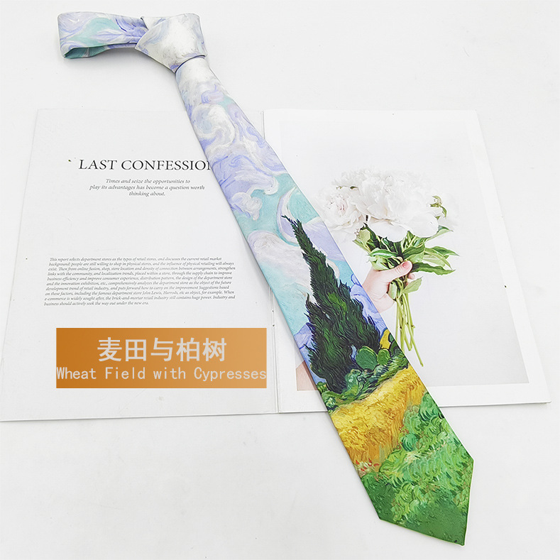 Van Gogh Pintura al óleo Hombre Impresión de seda de poliéster Corbata retro Fabricante Spot Moda Casual Corbata Mano 8cm