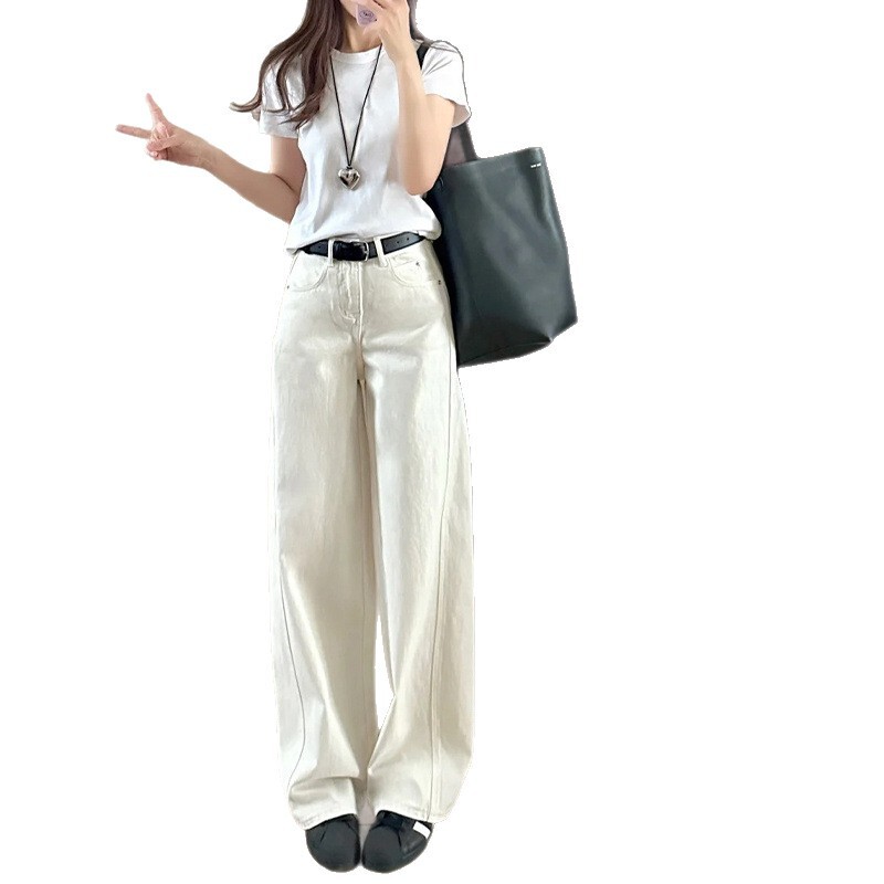 女性のための白いハイウエストワイドレッグジーンズ 2025 春夏ドレープ多用途スリムストレートパンツ|undefined