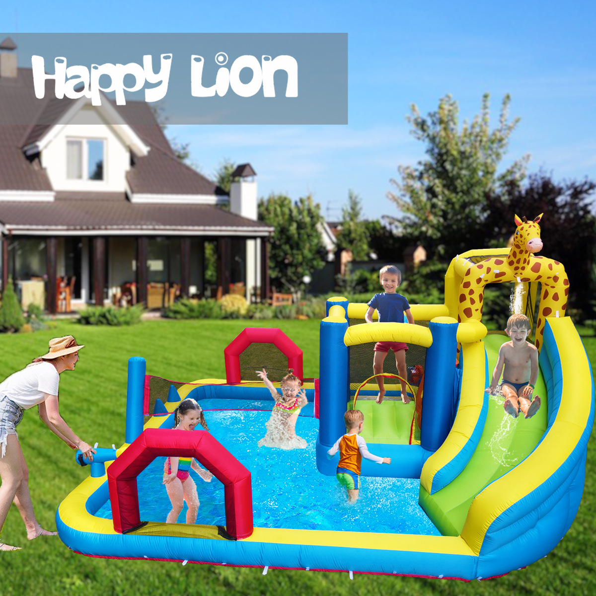 HappyLion niños castillo inflable casa interior trampolín al aire libre pequeño trampolín tobogán travieso Castillo