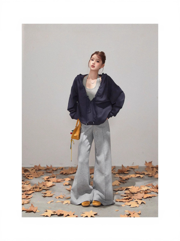 褶皱花边抽绳连帽V领长袖卫衣女秋季韩系休闲上衣慵懒风百搭美式|undefined