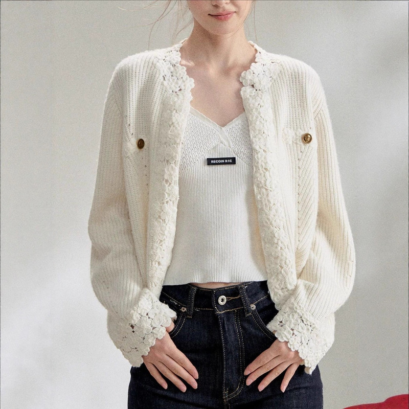 Recoin Rc Lace White Small Fragrant Sweater Jacket for Women 2025 Autumn and Winter Knitted Cardigan