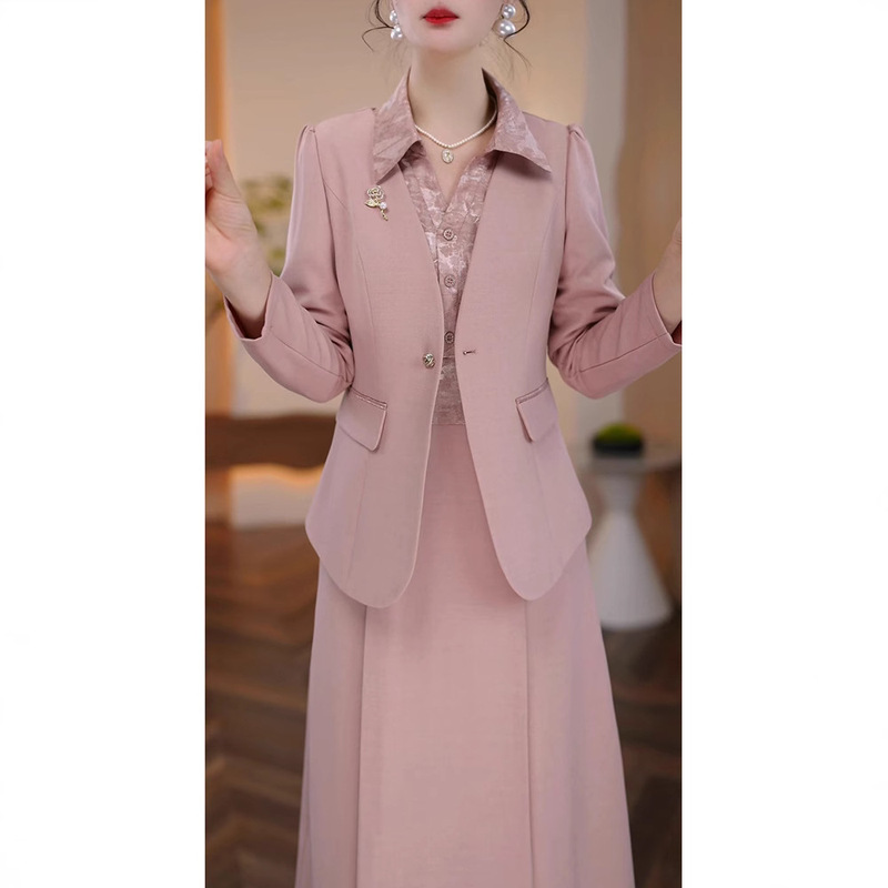 2025 Spring and Autumn New Mom Polo Collar Suit Skirt Fashion Long Sleeve Small Suit Two-Piece Dress Women