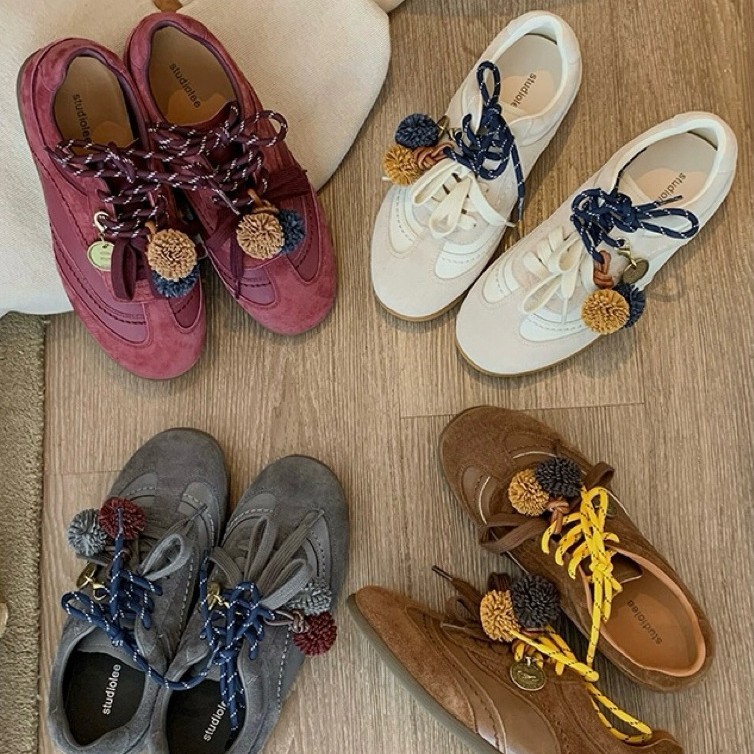 牛皮版~葡萄妈同款内增高3cm撞色鞋带圆头松果休闲运动鞋女德训鞋|undefined