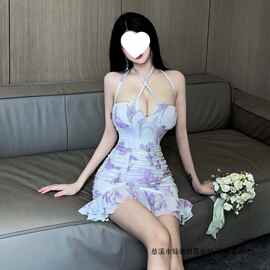 辣妹时尚显瘦绑带碎花吊带包臀裙女性感修身荷叶边褶皱抹胸连衣裙