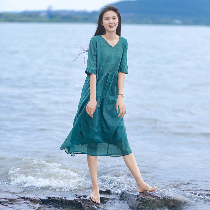 2022新款苎麻百褶大摆双层连衣裙文艺女装海边度假显瘦长裙