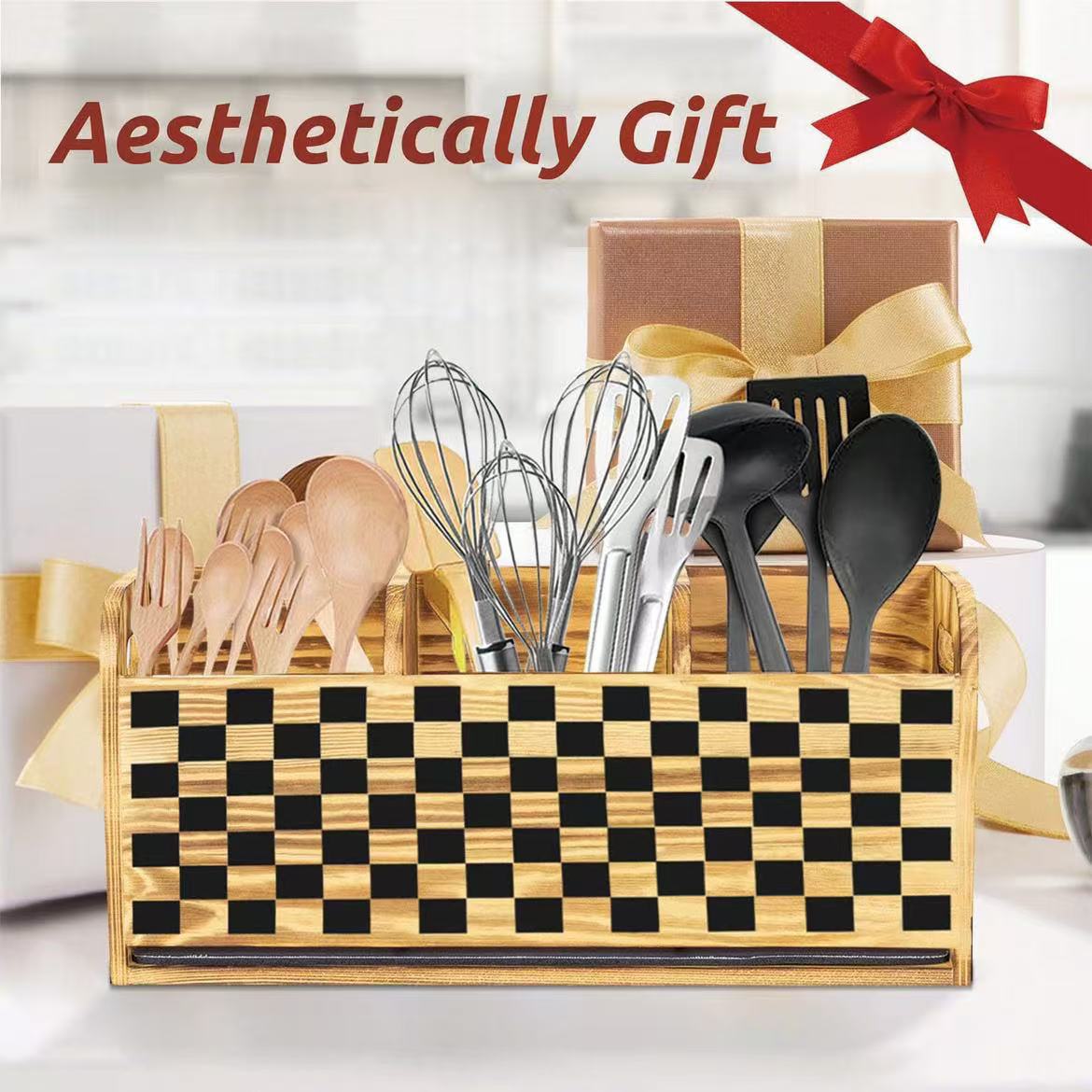 木质棋盘格餐具收纳盒分格勺子筷子整理盒烹饪工具收纳分类木盒