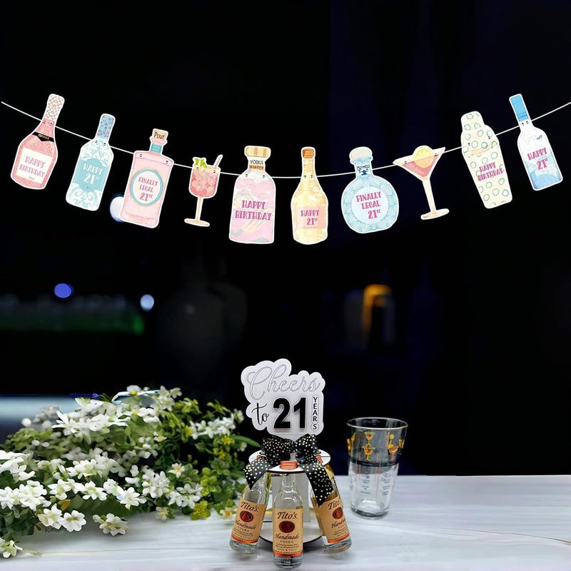 跨境21岁生日装饰挂饰 香槟酒拉旗 女孩21岁生日派对酒瓶横幅|undefined