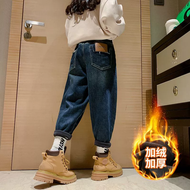 Детские утолщенные бархатные джинсы для девочек, осенне-зимний стиль, стильная верхняя одежда для детей старшего возраста, прямые цельные зимние детские модели.