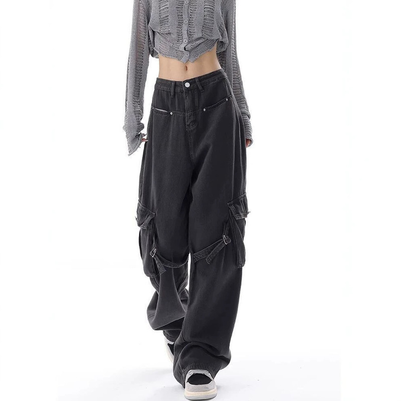 New American-style high-street black cargo jeans, unisex, retro straight-leg, loose-fit, wide-leg, casual long pants New American-style high-street black cargo jeans, unisex, retro straight-leg, loose-fit, wide-leg, casual long pants