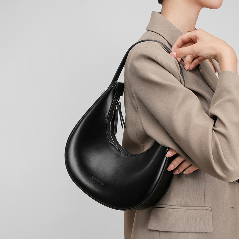 Women's Cowhide Crescent Bag Versatile Genuine Leather Commuter Underarm Bag Black Half Moon Shoulder Bag Luxury Handbag - Thumbnail 2
