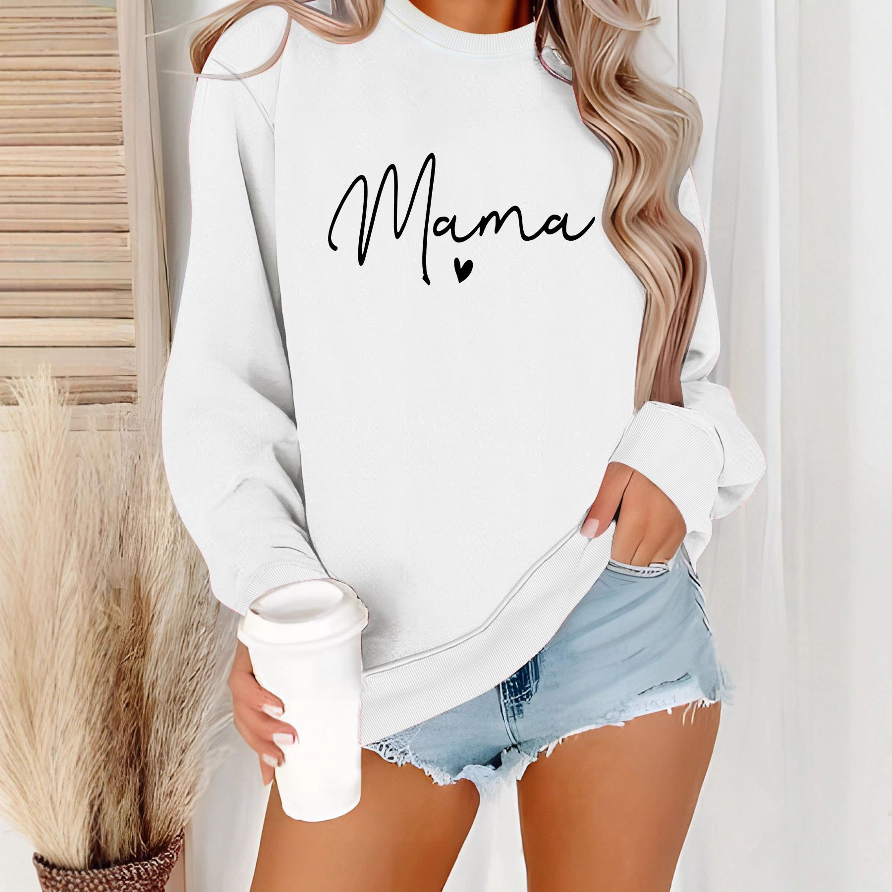 European and American Cross-Border Autumn and Winter Women's Casual Long-Sleeved Round Neck Mama Printed Pullover Sweatshirt Wholesale