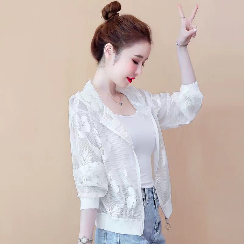 Summer See-Through Design Large Size Zipper Cardigan Slimming New Lace Thin Hooded Short Sun Protection Clothing for Women Summer See-Through Design Large Size Zipper Cardigan Slimming New Lace Thin Hooded Short Sun Protection Clothing for Women