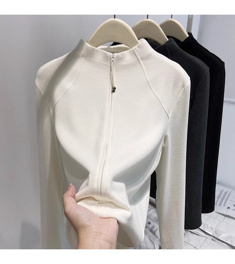 Áo khoác cardigan nữ dáng ôm cổ lọ nửa, khóa kéo đôi, tay dài, chất nhung Đức dày — màu xám đậm, màu đen, quả mơ chi tiết 5