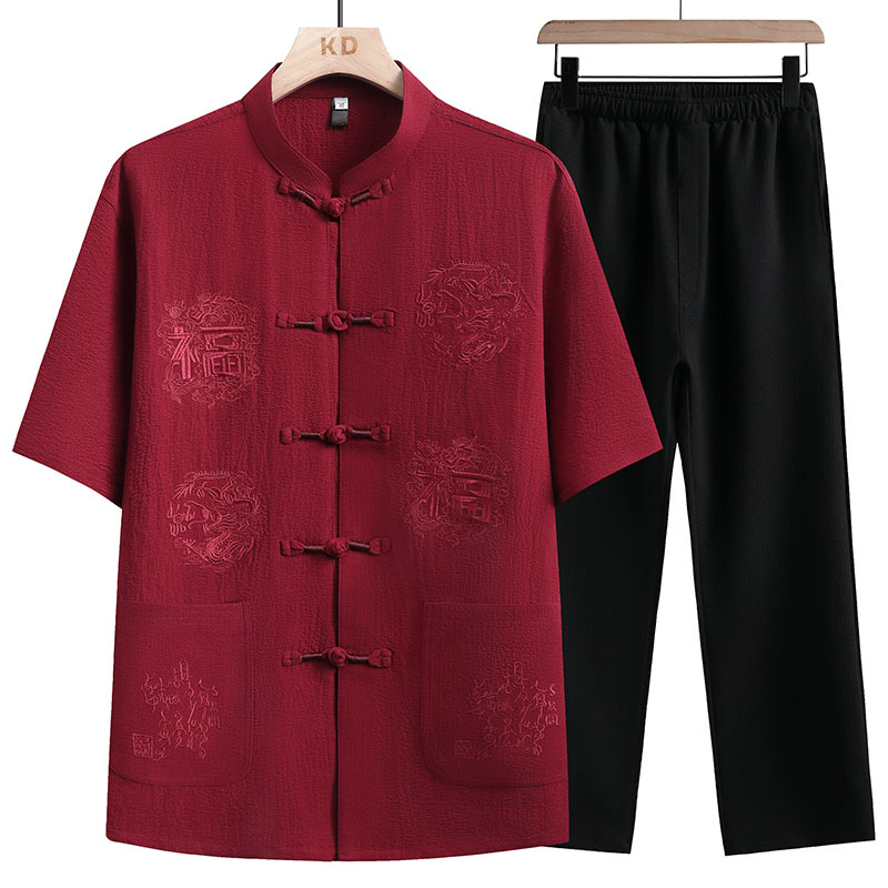 High-End Tang Suit Short-Sleeved Chinese Style Dad Clothes for Middle-Aged and Elderly People, Summer Thin Embroidered Cotton and Linen Clothes for the Elderly, Men's Clothes