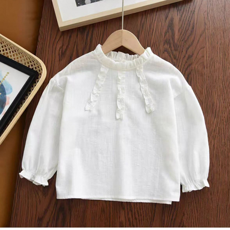 New style girls' base layer shirt, children's cotton and linen shirt, spring and autumn long-sleeved Peter Pan collar base layer shirt