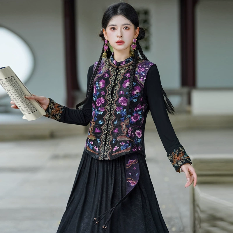 2025 новый стиль этнический стиль тяжелый рабочий вышивка без рукавов жилет женский наружный ретро жилет топ