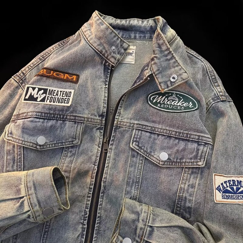 Trendy Brand Vintage Letter Embroidered Washed Lapel Denim Jacket Men's Loose All-match Fashionable oversize Jacket