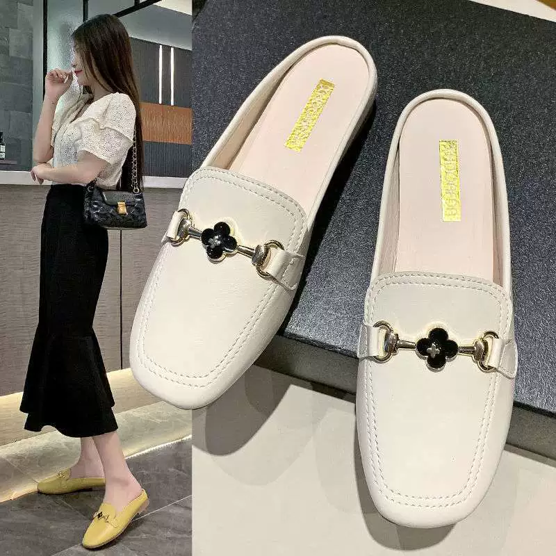 Новые стильные тапочки для женщин, туфли с квадратным носком для беременных, летние туфли на плоской подошве, полутапочки на плоской подошве с ленивым носком.