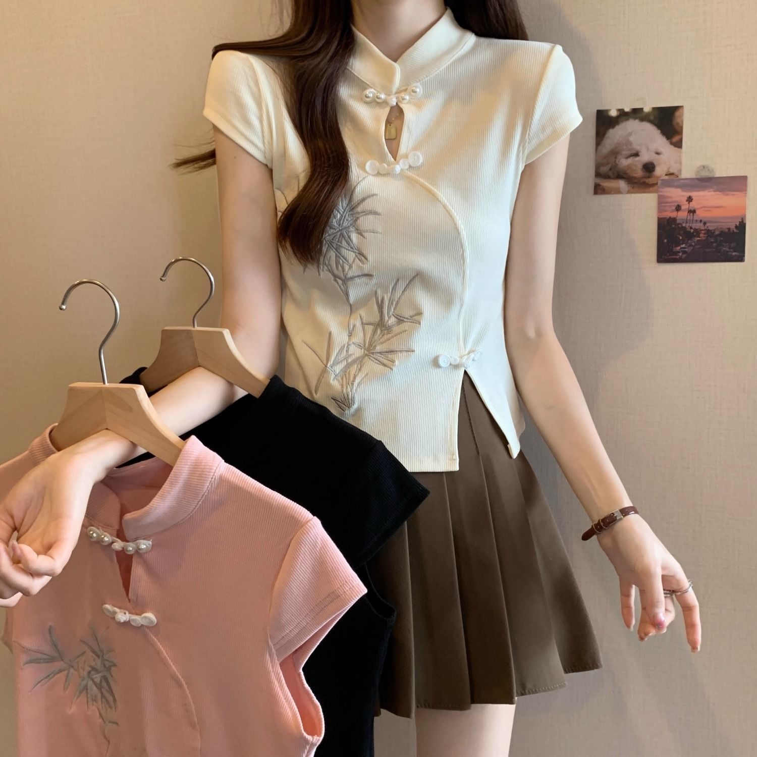 大码女装新中式立领盘扣刺绣短袖t恤女夏季新款短款别致绝美上衣