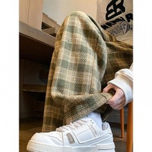 美式复古法兰绒毛呢格子裤男春秋潮牌绿色原宿风裤子直筒休闲长裤