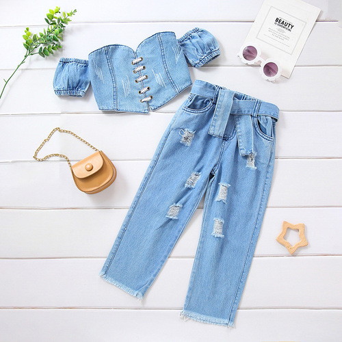Alibaba.com Hot Selling Foreign Trade Children's Apparel: Strapless Short Sleeve Tied String Bustier Top + Denim Frayed Pants + Belt