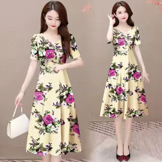 妈妈装夏季韩版新款短袖连衣裙收腰气质大码女装A字裙显瘦连衣裙