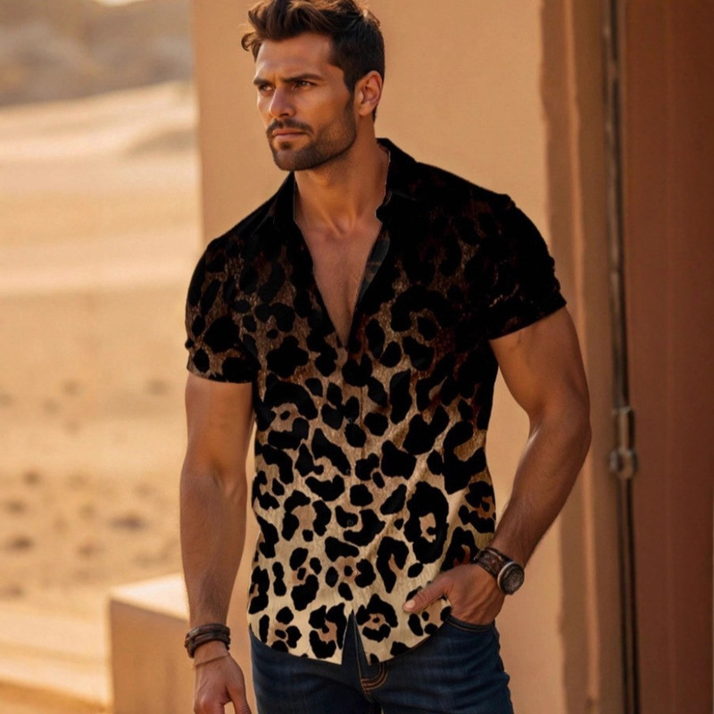 European and American Large Size Shirts Cross-Border Amazon Men's Lapel Leopard Print Simple Four-Way Elastic Printed Short-Sleeved Shirts for Men