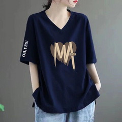 クリアランスセール~春夏新作韓国風人気半袖VネックTシャツゆったり着痩せプリントおしゃれママトップス