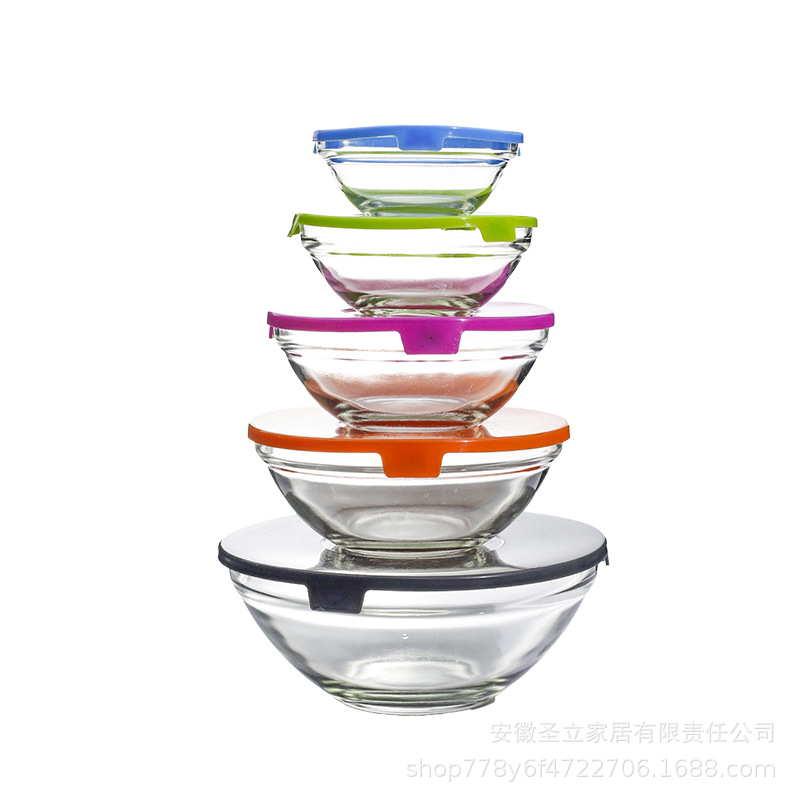 Nuevo juego de cuencos frescos Juego de cinco piezas Caja de almuerzo de tazón de fideos instantáneos con tapa Plato de frutas Ensalada Tazón de vidrio Regalo al por mayor