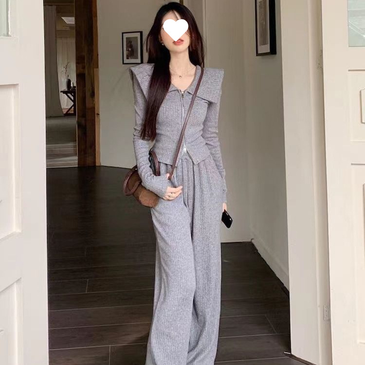 2025秋冬新款娃娃领时尚套装女修身显瘦翻领外套休闲阔腿裤两件套