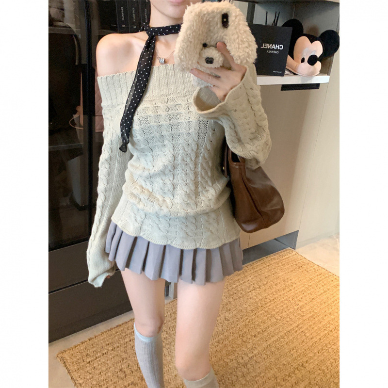 2024 autumn and winter Korean style new Korean style solid color all-match off-shoulder long sleeve sweater women's hot girl top