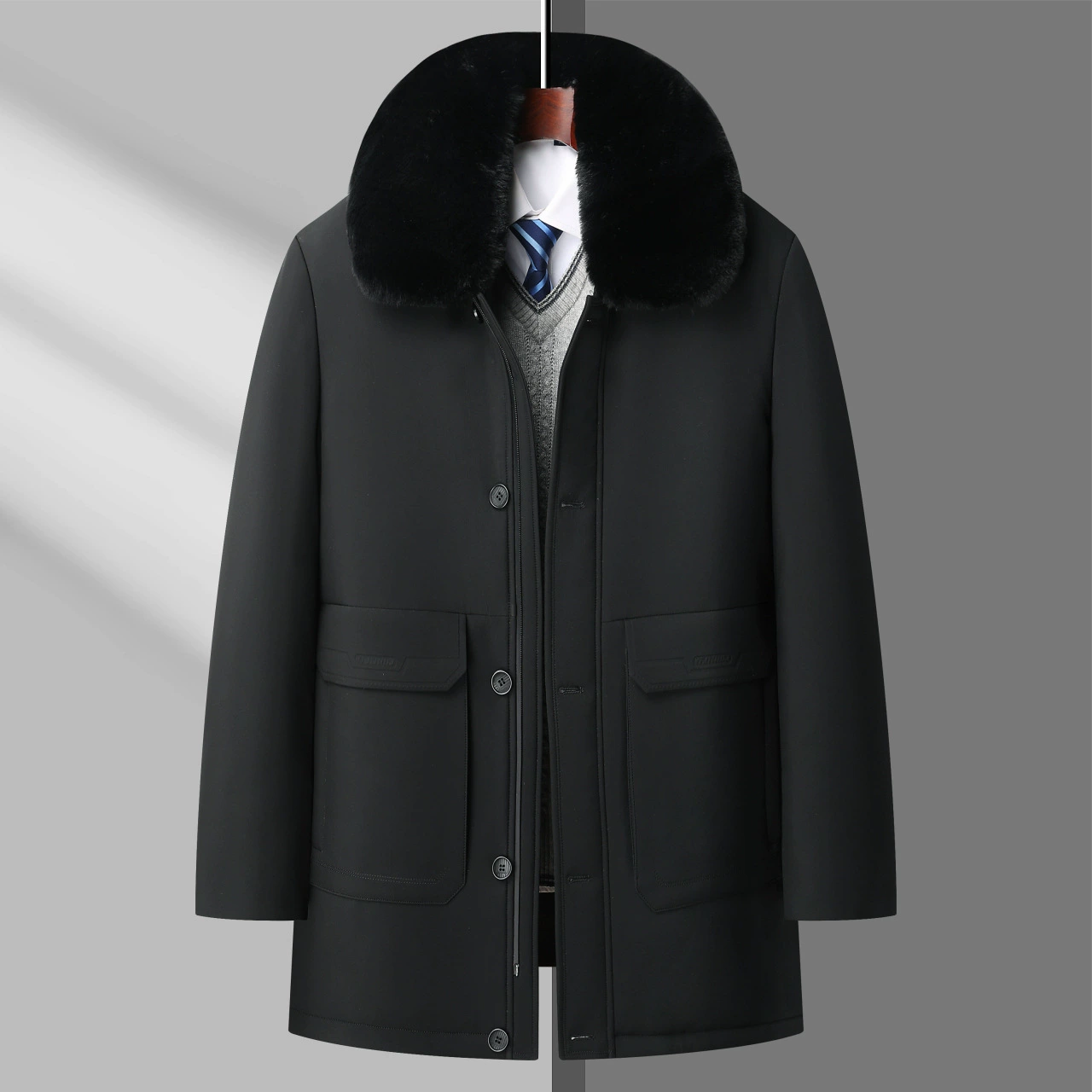 Мужская хлопчатобумажная одежда среднего и пожилого возраста зимняя бархатная утолщение, теплый большой шерстяной воротник, деловая мужская хлопчатобумажная куртка