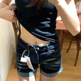 美式辣妹低腰牛仔短裤女2025夏季新款辣妹弹力包臀a字卷边热裤子